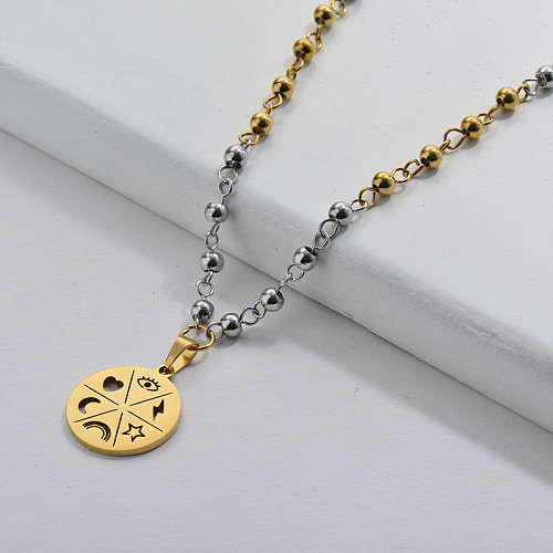 Gold Hollow Round Charm With Weather Pattern Double Color Beads Chain Necklace