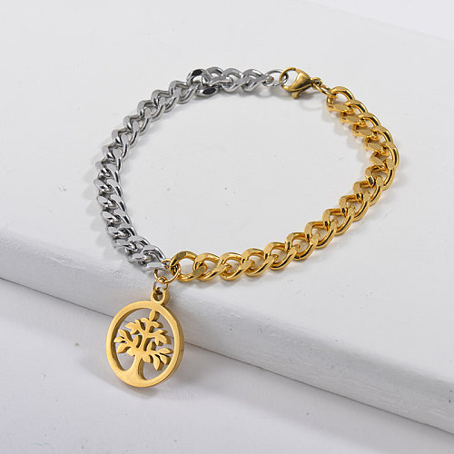 Stainless steel two-tone polished chain plus tree of life pendant