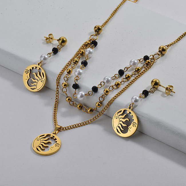 Wholesale Stainless Steel  Gold Pearl Bead Sun Necklace Earrings Set