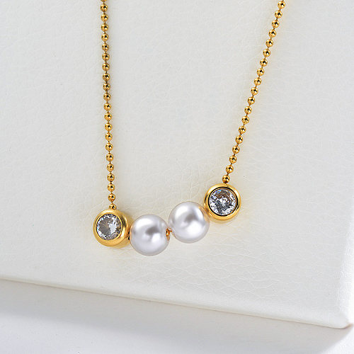 Collier de perles en acier inoxydable perle collier en or avec breloque zircon clair