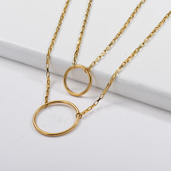 Simple Circle Round Pendant Square Link Chain Layer Necklace