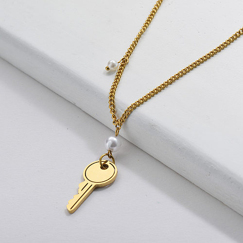14K Gold Custom Key Pendant With Pearl Necklace For Women