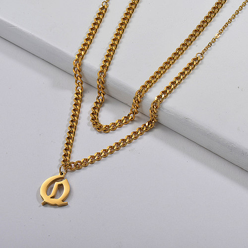 Collar de cadena de eslabones de acera grueso con capa de encanto de letra Q de oro de moda