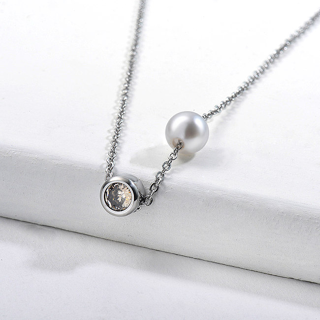 Dainty Pearl With Zircon Charm Silver Necklace For Women