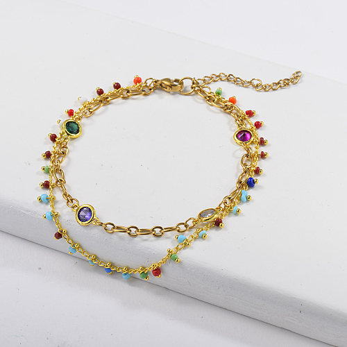 Double layer golden stainless steel bracelet with colored ball