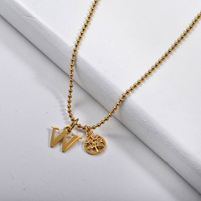 Gold Letter W With Tree Of Life Charm Ball Chain Necklace