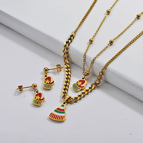 Wholesale Fashion Gold Plated Christmas Hat Necklace Earrings Set
