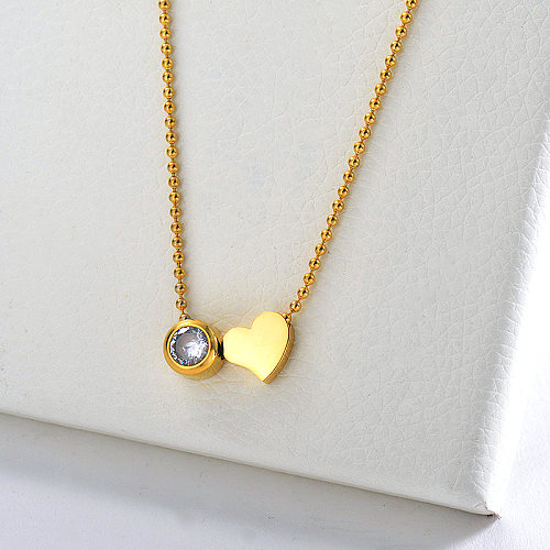 Cute Stainless Steel Gold Heart Charm With Gemstone Ball Chain Necklace For Women