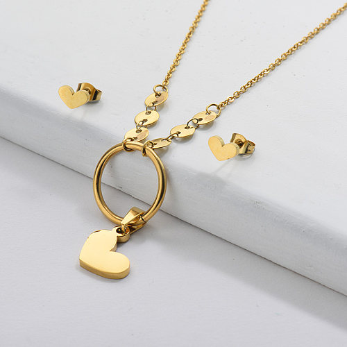 Conjunto de pendientes de collar de corazón chapado en oro de acero inoxidable al por mayor