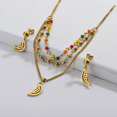 Conjunto de pendientes de collar de luna de cadena de cuentas chapados en oro de moda al por mayor