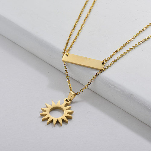 Simple Gold Plating Sun Geometry Charm Layer Necklace Women Jewelry
