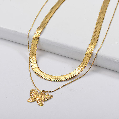 Gold Butterfly Pendant Snake Layer Chain Statement Necklace