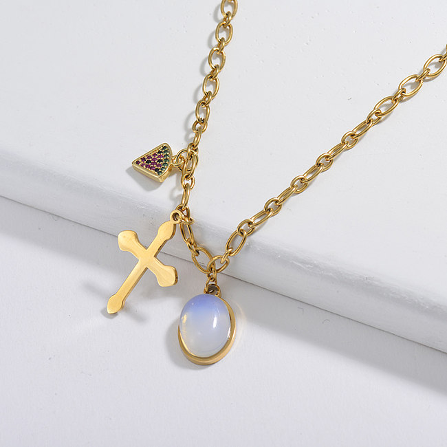 Cross Pendant With Opal Natural Stone Gold Necklace