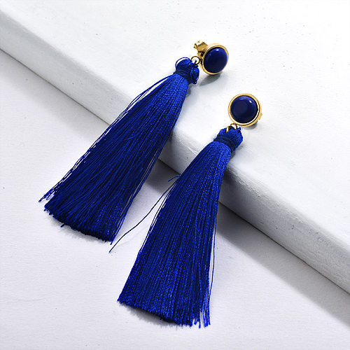 Gold Tassel Earrings Blue Tassel with Gemstone