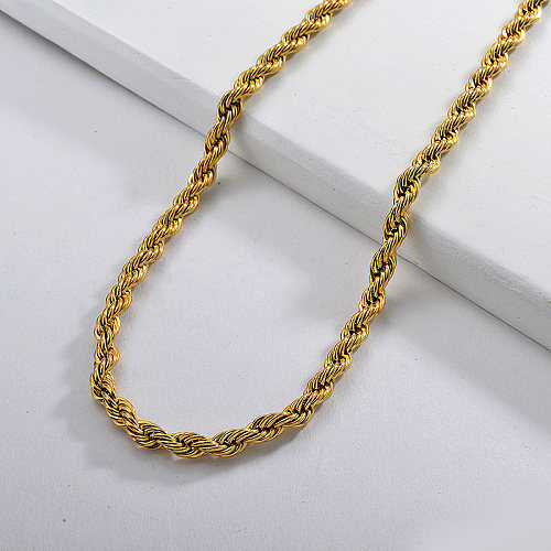 Colar de corrente longa torção com corda de ouro de aço inoxidável 55cm