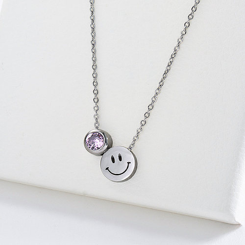 Charme de visage de Smiley en argent à la mode avec collier de zircon de pierres précieuses pourpres pour les femmes