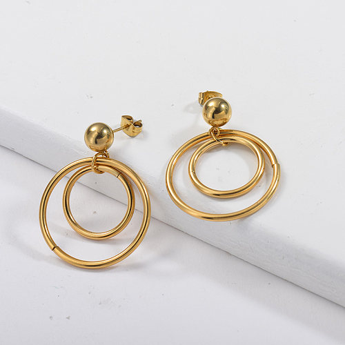 Gold Plating Dangle Earrings with Double Gold Hoop Metal Style