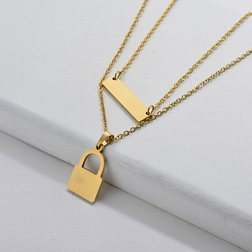14K Gold Platings Lock Pendant Double Chains Necklace For Women
