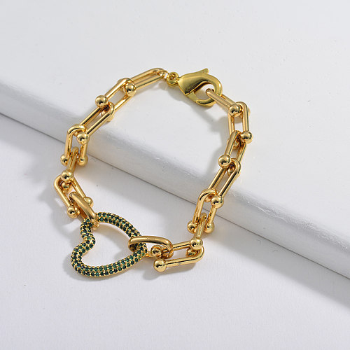 Popular pulseira em forma de U, pingente de cobre em formato de coração de zircão verde