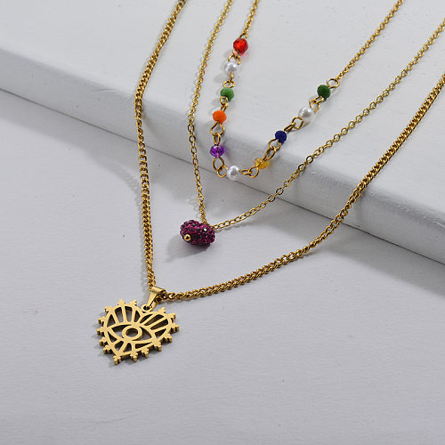 Trendy Gold Hollow Heart Evil Eye Pattern Colorful Beads Multilayer Necklace For Women