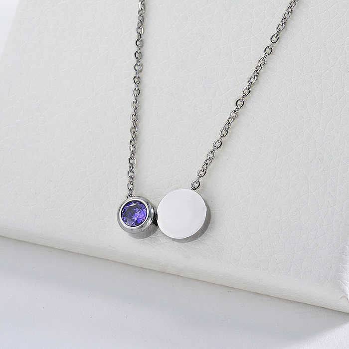 Silver Round Geometry Charm With Purple Zirconia Necklace For Women