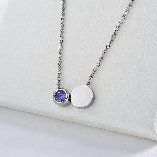 Silver Round Geometry Charm With Purple Zirconia Necklace For Women