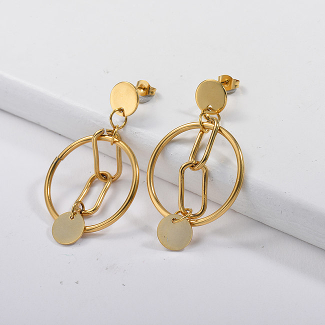 Boucles d'oreilles en plaqué or avec anneau en or et chaîne en métal
