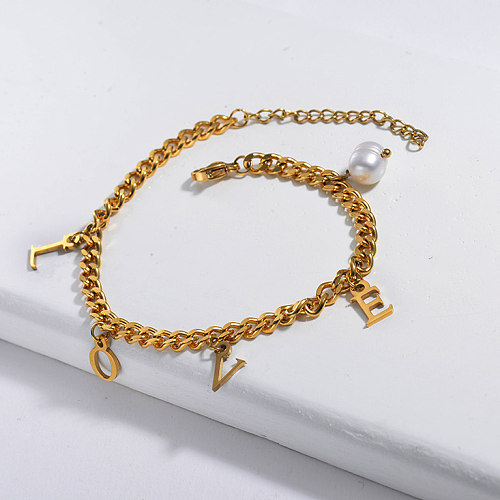 Bracelet en acier inoxydable doré de style mode avec pendentif lettre