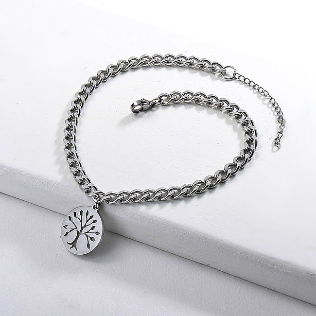 Polished style stainless steel chain, steel color bracelet and tree of life pendant
