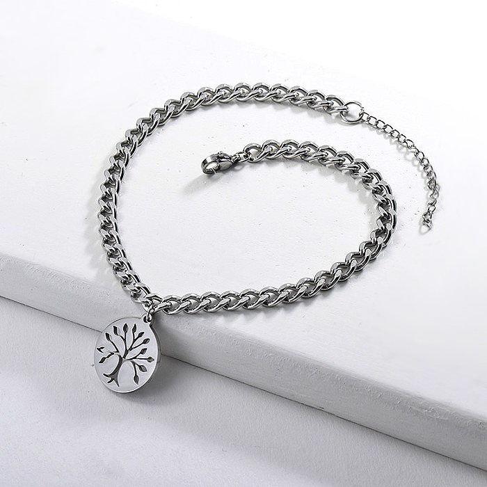 Polished style stainless steel chain, steel color bracelet and tree of life pendant