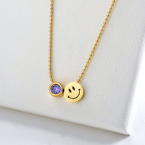 Gold Smiley Face Charm With Purple Zirconia Necklace For Women