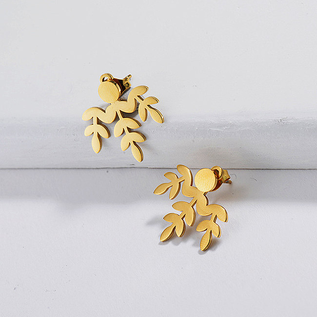 Brincos de folha de aço inoxidável com joias folheadas a ouro
