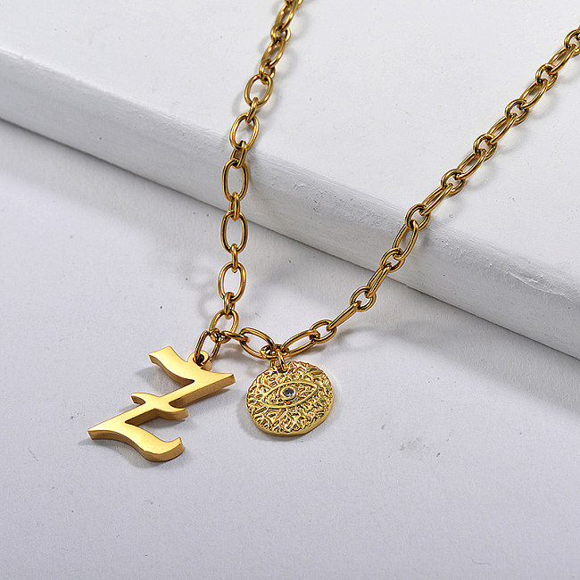 Gold Letter Z With Evil Eye Round Pendant Necklace