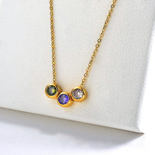 Gold Stainless Steel Colorful Zircon Charm Necklace For Women