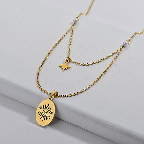 Gold Hollow Evil Eye With Small Star Charm Necklace For Women