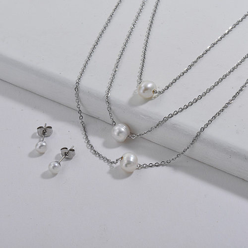Stainless Steel Silver Multi Layer Pearl Necklace Earrings Set