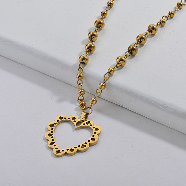 Gold Hollow Heart Beads Necklace Stainless Steel Jewelry
