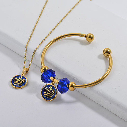 Stainless Steel Famous Brand Gold Plated Crown Charm Neckalce Bangle Jewelry Set