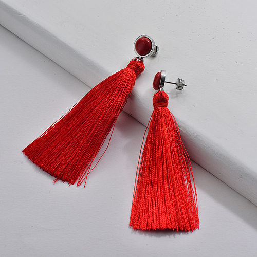 Stainless Steel Tassel Earrings Red Tassel with Ruby Stone