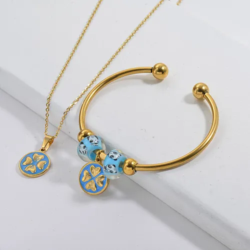 Stainless Steel Famous Brand Gold Plated Flower Charm Neckalce Bangle Jewelry Set