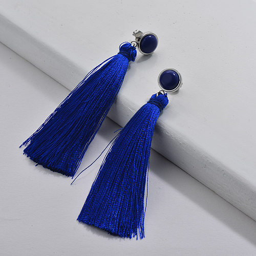 Stainless Steel Tassel Earring Blue Tassel with Gemstone