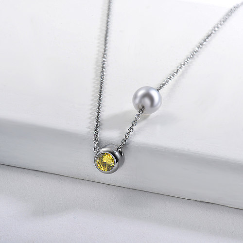 Elegant Pearl With Olive Green Zircon Charm Silver Necklace For Women