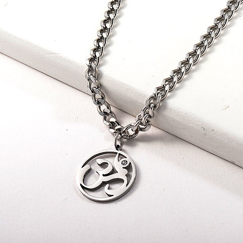 Religious Hinduism Silver Hollow Round Pendant Curb Link Chain Necklace