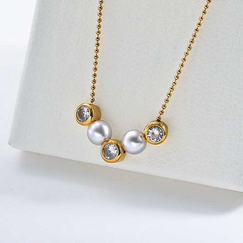 Fashion Pearl Clear Zircon Charm Gold Plating Beaded Necklace For Women