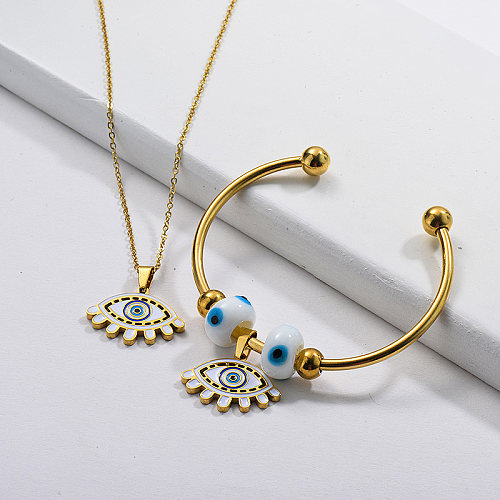 Wholesale Stainless Steel Gold Plated Evil Eye Necklace Bangle Jewelry Set