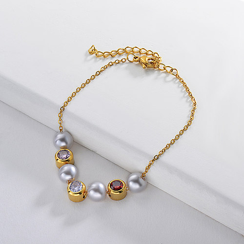 Bracelet en acier inoxydable doré avec perle et zircon