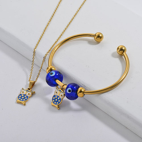 Stainless Steel Famous Brand  Gold Plated Owl Charm Neckalce Bangle Jewelry Set