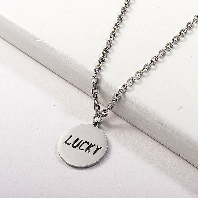 Silver Hollow Lucky Round Tag Pendant Necklace