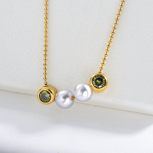 Klassische Perle mit grünem Zirkon Charm Silber Halskette für den Frühling
