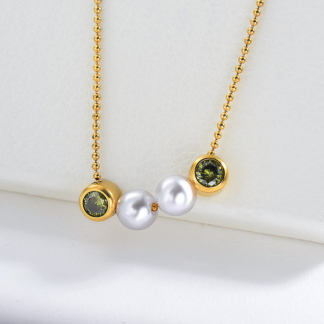 Classic Pearl With Green Zircon Charm Silver Necklace For Spring